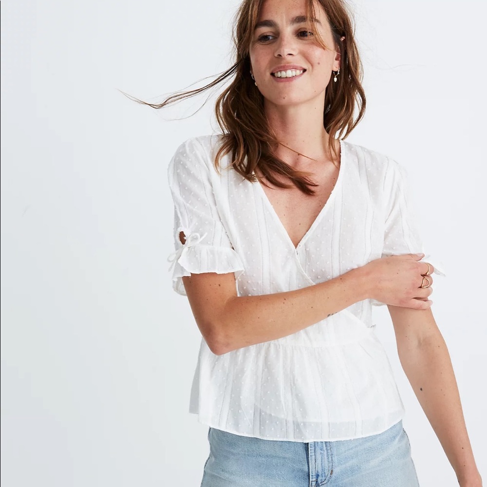 MADEWELL Tie-Sleeve Wrap Top in Swiss Dot